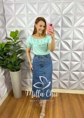 Camisa Laise Botões Funcionais Manga Princesa Jessie - Verde Agua - Milla Chic