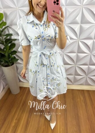Chemise Tricoline Curto Com Camisolinha e Cinto Faixa Caroline - Azul - Milla Chic