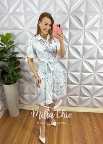 Chemise Tricoline Curto Com Camisolinha e Cinto Faixa Caroline - Azul - Milla Chic