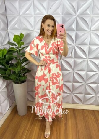 Chemise Viscolinho Com Botões Tartaruga Elise - Areia e Rosa - Milla Chic