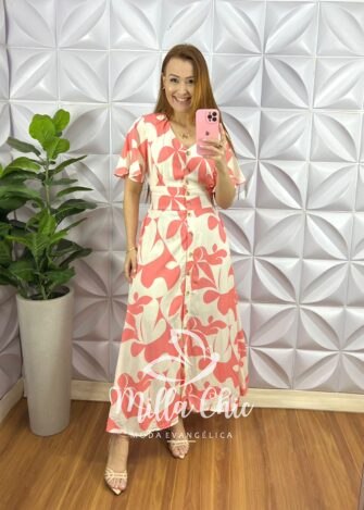 Chemise Viscolinho Com Botões Tartaruga Elise - Areia e Rosa - Milla Chic