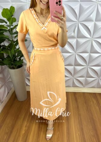 Conjunto Alfaiataria Marrant Com Detalhe Em Viés Mídi kelita - Pêssego - Milla Chic