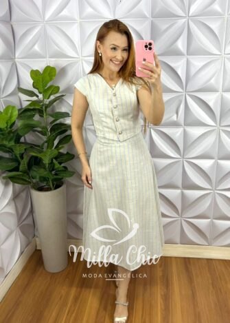 Conjunto Linho Com Colete e Saia Mídi Godê Thais - Areia Com Azul - Milla Chic