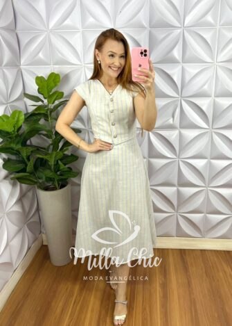 Conjunto Linho Com Colete e Saia Mídi Godê Thais - Areia Com Azul - Milla Chic