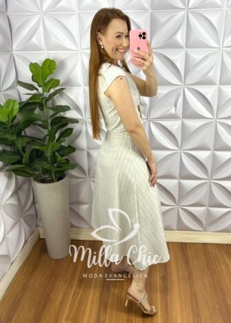 Conjunto Linho Com Colete e Saia Mídi Godê Thais - Areia Com Azul - Milla Chic