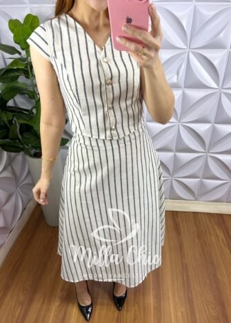 Conjunto Linho Com Colete e Saia Mídi Godê Thais - Areia Com Preto - Milla Chic
