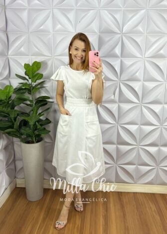 Conjunto No Linho Saia Mídi Com Lastex Na Cintura Veneza - Branco - Milla Chic