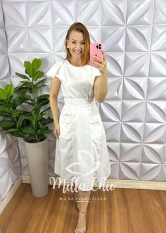 Conjunto No Linho Saia Mídi Com Lastex Na Cintura Veneza - Branco - Milla Chic