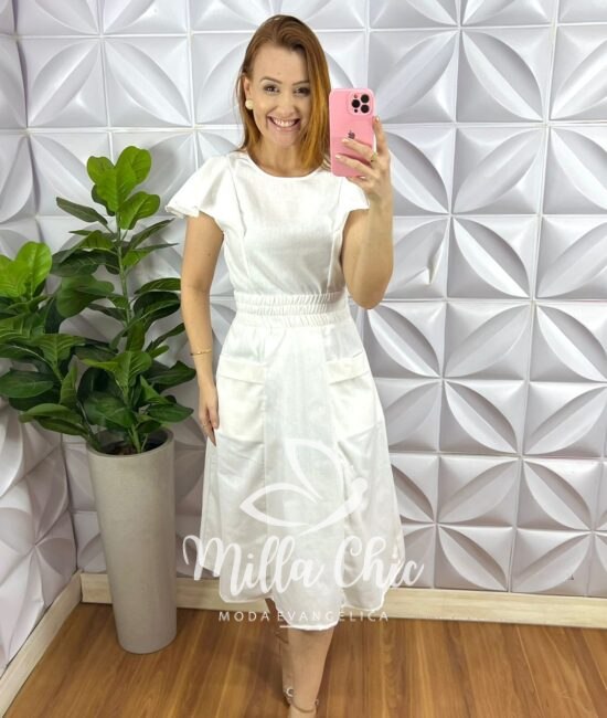 Conjunto No Linho Saia Mídi Com Lastex Na Cintura Veneza - Branco - Milla Chic