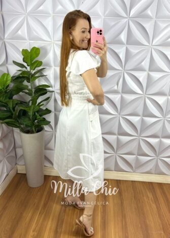 Conjunto No Linho Saia Mídi Com Lastex Na Cintura Veneza - Branco - Milla Chic