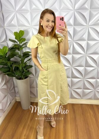Conjunto No Linho Saia Mídi Com Lastex Na Cintura Veneza - Manteiga - Milla Chic