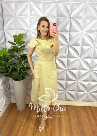Conjunto No Linho Saia Mídi Com Lastex Na Cintura Veneza - Manteiga - Milla Chic