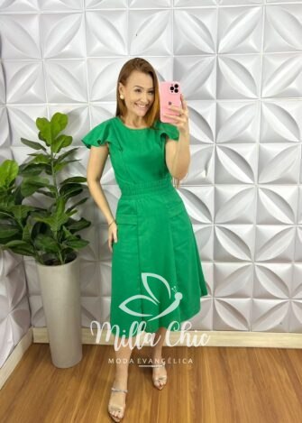 Conjunto No Linho Saia Mídi Com Lastex Na Cintura Veneza - Verde - Milla Chic