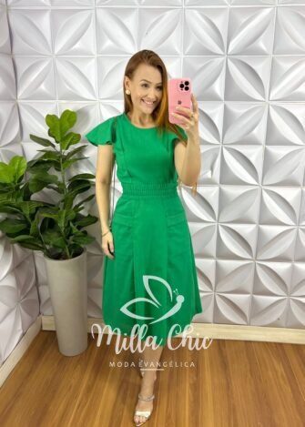 Conjunto No Linho Saia Mídi Com Lastex Na Cintura Veneza - Verde - Milla Chic