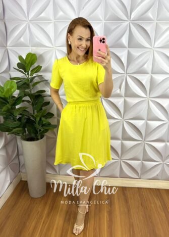 Conjunto Tecido Dunna Com Saia Godê Milena - Manteiga - Milla Chic