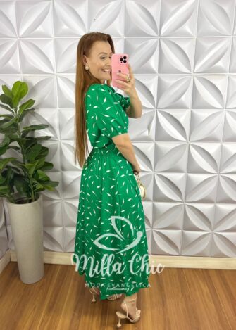 Conjunto Viscolinho Blusa Cropped E Saia Mídi Gabriela - Verde Bandeira - Milla Chic