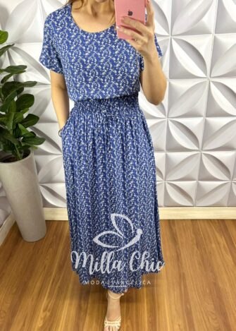 Conjunto Viscolinho Blusa Soltinha E Saia Com Lastex Sharon - Azul - Milla Chic