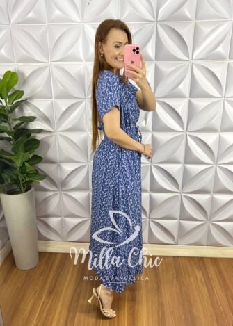 Conjunto Viscolinho Blusa Soltinha E Saia Com Lastex Sharon - Azul - Milla Chic