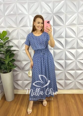 Conjunto Viscolinho Blusa Soltinha E Saia Com Lastex Sharon - Azul - Milla Chic