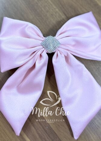 Laço Grande De Cetim Com Strass Karen - Rosa Balé - Milla Chic