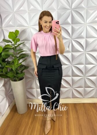 Saia Alfaiataria Cargo Mídi Com Fenda Taciele - Preto - Milla Chic