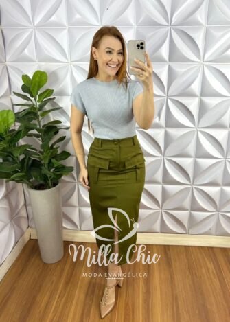 Saia Alfaiataria Cargo Mídi Com Fenda Taciele - Verde - Milla Chic