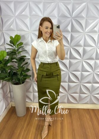 Saia Alfaiataria Cargo Mídi Com Fenda Taciele - Verde - Milla Chic
