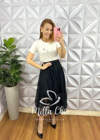 Saia Anarruga Mídi Fenda Lateral Tubinho Grace - Preta - Milla Chic