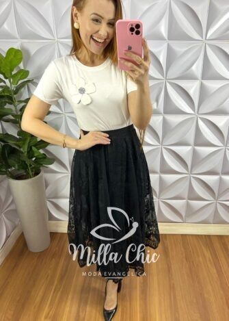 Saia Anarruga Mídi Fenda Lateral Tubinho Grace - Preta - Milla Chic