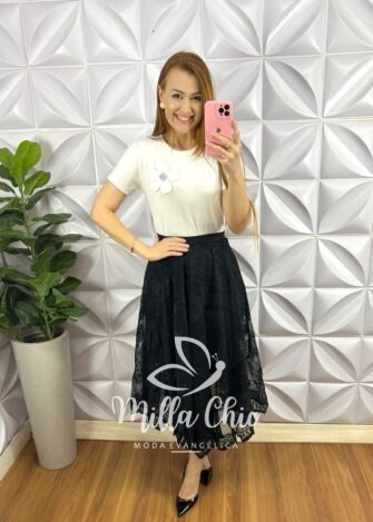 Saia Anarruga Mídi Fenda Lateral Tubinho Grace - Preta - Milla Chic