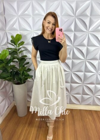Saia Cambraia Linho Algodão Mídi Pala Na Cintura Barbie - Cru - Milla Chic