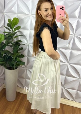 Saia Cambraia Linho Algodão Mídi Pala Na Cintura Barbie - Cru - Milla Chic
