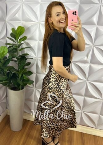 Saia Cetim Midi Com Elastico Na Cintura Viviane - Oncinha - Milla Chic
