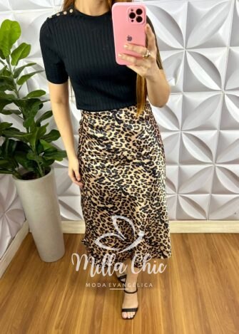 Saia Cetim Midi Com Elastico Na Cintura Viviane - Oncinha - Milla Chic