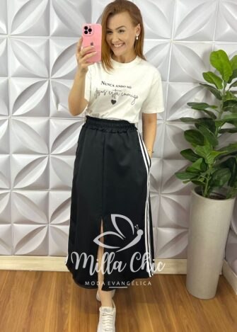 Saia Crepe Alfaiataria Longo Com Fenda Frontal Adele - Preta - Milla Chic