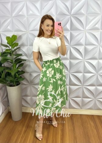Saia Dunna Com Lastex Na Cintura Estampada Anastácia - Verde - Milla Chic