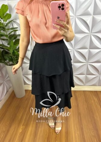 Saia Dunna Mídi Babados De Camadas Fabiane - Preta - Milla Chic