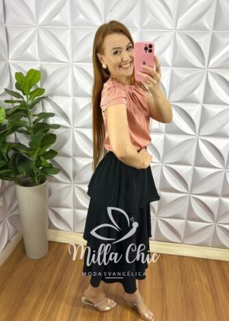 Saia Dunna Mídi Babados De Camadas Fabiane - Preta - Milla Chic