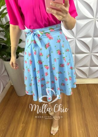 Saia Envelope Crepinho Forrada Caimento Godê Lara - Azul Com Rosa - Milla Chic