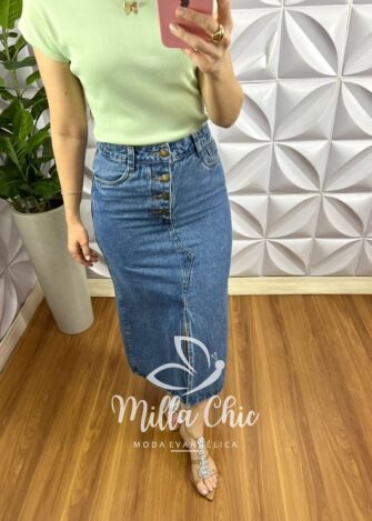 Saia Jeans Com Botões e Fendas Frontal Mídi Liliane - Jeans - Milla Chic