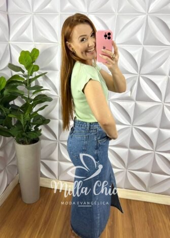 Saia Jeans Com Botões e Fendas Frontal Mídi Liliane - Jeans - Milla Chic