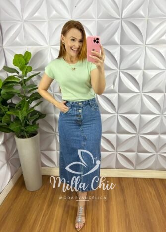 Saia Jeans Com Botões e Fendas Frontal Mídi Liliane - Jeans - Milla Chic