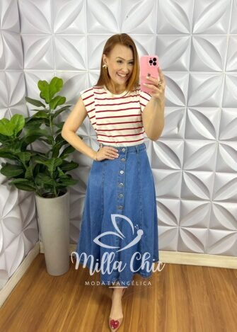 Saia Jeans Com Botões Evase Mídi Hosana - Jeans - Milla Chic