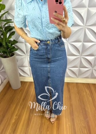 Saia Jeans Com Fendas Frontal Mídi Naiana - Jeans - Milla Chic