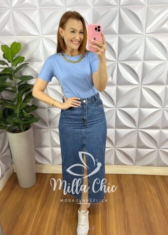 Saia Jeans Com Fendas Frontal Mídi Naiana - Jeans - Milla Chic