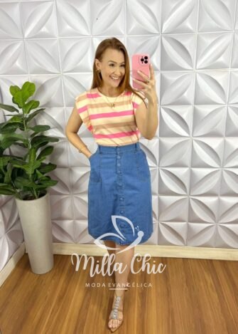 Saia Jeans Evase Com Botoes Encapados Hortência - Jeans - Milla Chic