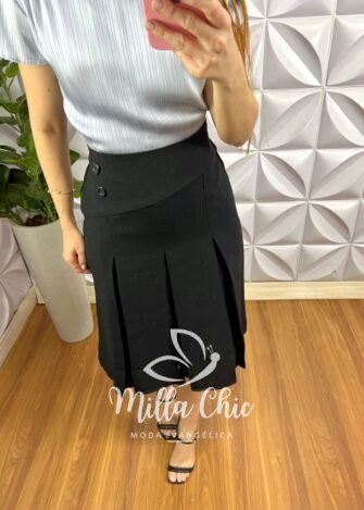 Saia Linho Com Pregas E Botão Raniele - Nude - Milla Chic