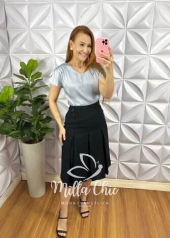 Saia Linho Com Pregas E Botão Raniele - Nude - Milla Chic