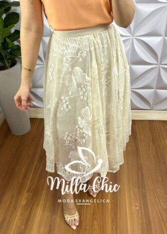 Saia Na Renda Mídi Toda Forrada Caimento Godê Layla - Creme - Milla Chic