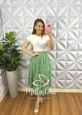 Saia Na Renda Mídi Toda Forrada Caimento Godê Layla - Verde - Milla Chic